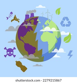 Vector illustration of earth globe with ecology environment and dirty environment. Recycling icon, energy, leaves, garbage, dirt. The concept of saving the earth and the destruction of nature. 10 EPS