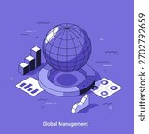 Vector illustration with Earth globe and financial charts, representing global management concept. International business, marketing, analytics and financial data visualization.