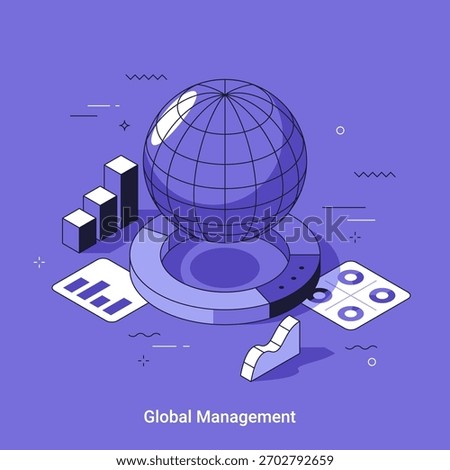 Vector illustration with Earth globe and financial charts, representing global management concept. International business, marketing, analytics and financial data visualization.