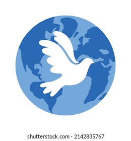 Vector illustration of Earth globe with flying bird dove as a symbol of peace isolated on white background. Planet icon