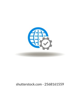 Vector illustration of earth globe and gear wheel with check mark. Symbol of global corporate work. Icon of outstaffing.