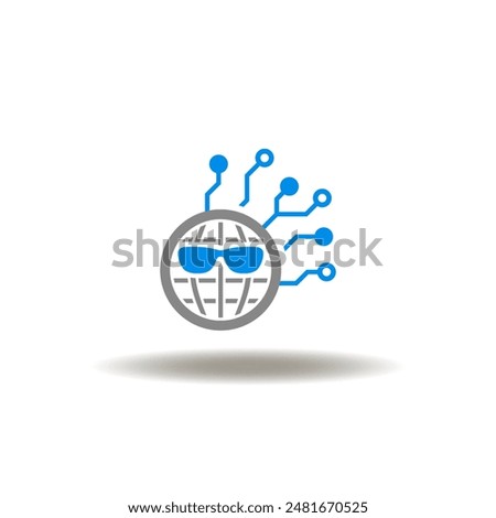 Vector illustration of earth globe with glasses and circuit pattern. Icon of darknet. Symbol of hacker threat and virus attack.
