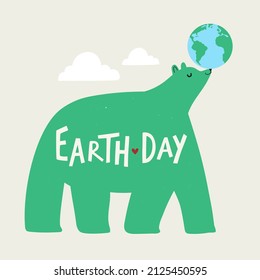 Vector illustration with earth globe, green bear and text Earth Day. Colored typography poster, eco apparel print design with animal