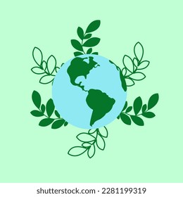 Vector illustration of Earth globe with green leaves, recycle leaves. Concept of World Environment Day, save the Earth, Earth day