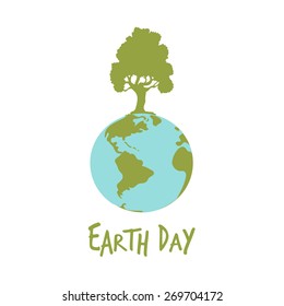 Vector illustration. Earth globe with green tree and white background. Earth day poster. Ecology concept.