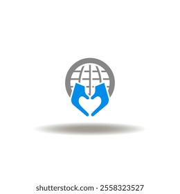 Vector illustration of earth globe with hand gesture heart. Symbol of climate action. Icon of ecology and earth save.