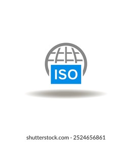 Vector illustration of earth globe and ISO label. Symbol of global quality standards system. Icon of ISO International Organization for Standardization.