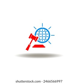Vector illustration of earth globe and judge gavel. Icon of embargo. Symbol of sanctions.