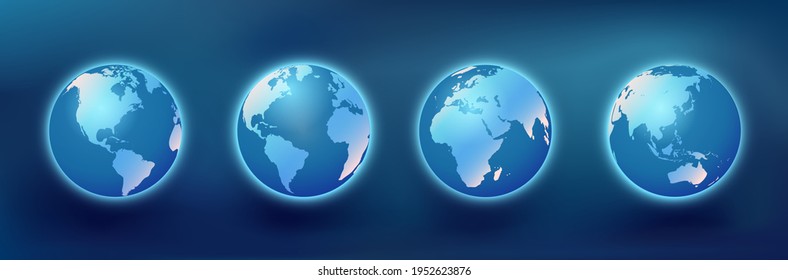 Ilustración vectorial del Glóbulo de la Tierra con los continentes más importantes. Globo terrestre con continente americano, africano, australiano y europeo. Elementos geográficos vectoriales ilustrados en fondo azul