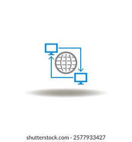 Vector illustration of earth globe with network computers communication. Symbol of networking computer communication. Icon of VLAN Virtual Local Area Network.