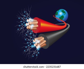 Ilustración vectorial del globo terrestre con cable de alimentación. Diseño energético sobre fondo negro.