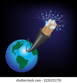 Vector illustration of earth globe with power cable. Energy design over white background.