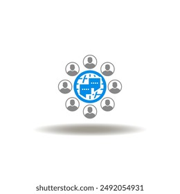 Vector illustration of earth globe with speech bubbles and people network. Icon of community. Symbol of online chatting.