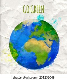 Vector illustration of earth globe with watercolor texture and text "go green". Ecology concept.