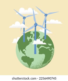 Ilustración vectorial del globo terrestre, central eólica. Concepto del Día Mundial del Medio Ambiente, Salvar la Tierra, sostenibilidad, fuentes de energía eólica renovable.