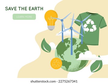 Vector illustration of Earth globe, wind power plant, light bulb, recycling t-shirt, Reduce, reuse, recycle symbol. Concept of World Environment Day, Save the Earth, sustainability, renewable wind 