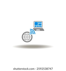 Vector illustration of earth globe with wireless radio signal and laptop. Icon of distance remote computer home work. Symbol of SOA Service-Oriented Architecture.