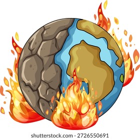 Ilustración vectorial de la Tierra a medio quemar, tierra de sequía a medio agrietar, que simboliza la crisis del cambio climático