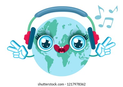 Vector illustration of a Earth with headphones. Cute cartoon Earth hear music in headphones