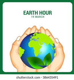 Vector illustration of Earth Hour on green background with shiny globe holding hand.