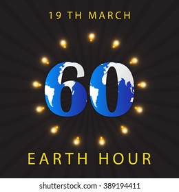 Vector illustration of Earth Hour on green background with shiny globe holding hand.