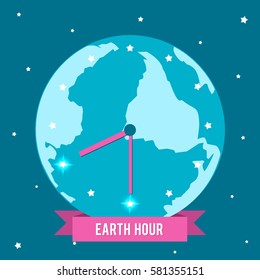 Vector illustration for Earth Hour. Picture a clock with hands among the stars.
