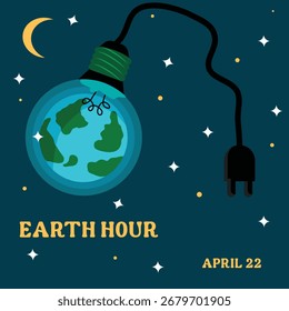 Ilustração vetorial do cartaz Hora da Terra para conscientizar as pessoas sobre a questão ambiental das mudanças climáticas, da poluição da luz e de outros desafios ambientais
