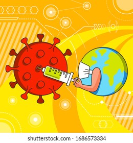 Vector illustration. Earth injects coronavirus. Color picture for print, news.