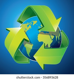 Vector illustration of earth inside green recycling symbol over blue background