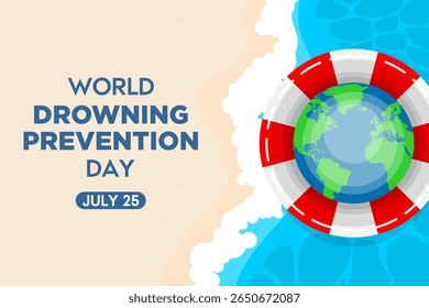 Vector illustration of Earth inside a lifebuoy near the beach, highlighting World Drowning Prevention Day and global water safety.