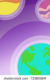 Vector illustration of earth landscape and planets above it.  Wild forest in flat style. Eco village in flat style. Earth landscape. Planets on stratosphere  illustration. Material Design UI, UX, GUI