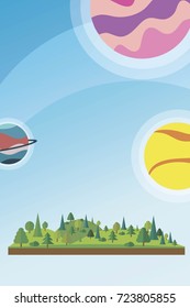 Vector illustration of earth landscape and planets above it.  Wild forest in flat style. Eco village in flat style. Earth landscape. Planets on stratosphere  illustration. Material Design UI, UX, GUI