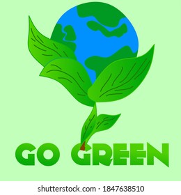 vector illustration of earth and leaves, it says "GO GREEN" can be used as a go green content design.