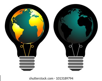Vector illustration of Earth in a lightbulb, switched on and switched off e.g. for Earth Hour event or for environmental graphic. Each isolated. Save electric energy.