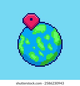 Vector Illustration of Earth with Location Pin with Pixel Art Design, perfect for game assets themed designs