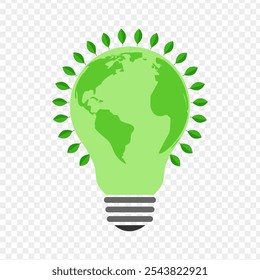 Vector illustration of earth map in bulb shape with leaves on transparent background