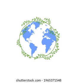 Vector illustration of Earth map with floral frame, safe the Planet concept, green and blue illustration isolated on white background.