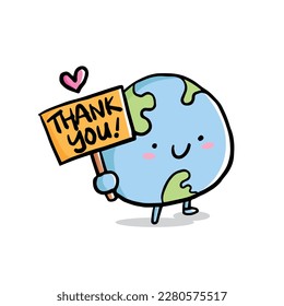 Vector illustration of an Earth mascot holding a thank you sign expressing gratitude.