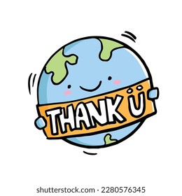 Vector illustration of an Earth mascot holding a thank you sign expressing gratitude.