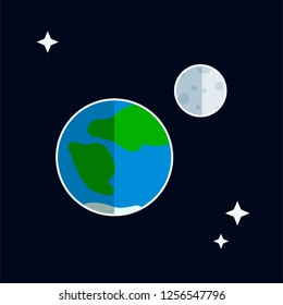 Vector illustration with Earth, Moon and three stars on dark blue background