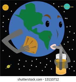 Vector illustration of Earth needing a fan and a drink to cool down from being too warm.