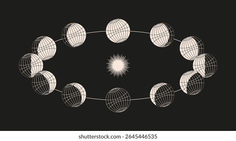 Ilustração vetorial das fases da Terra em torno do Sol - Diagrama de Ciclo Orbital, design simples