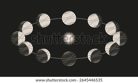 Vector Illustration of Earth Phases Around the Sun – Orbital Cycle Diagram, simple design