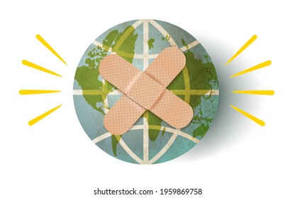 Vector illustration of Earth planet with adhesive plaster. Vintage vector illustration of Earth planet.