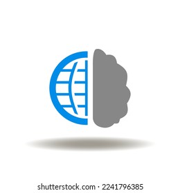 Vector illustration of earth planet with brain. Icon of AI IoT global think web network technology. Symbol of psychology. Logotype of brainstorm.