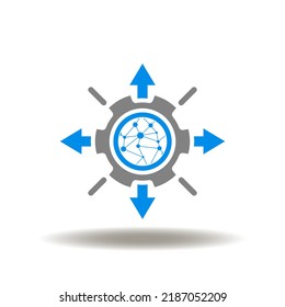 Vector illustration of earth planet with gear and arrows of outside direction. Icon of distribution, procurement, logistics. Symbol of GDP Good Distribution Practice.