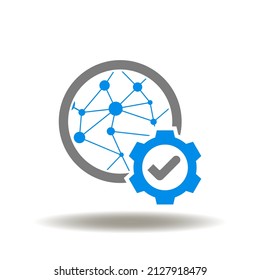 Vector illustration of earth planet internet network communication with gear and check mark. Icon of global standard regulation. Symbol of telecommunication web technology regulations.