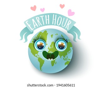 Vector illustration of Earth planet in kawaii style for Earth hour. Earth day 22 april. We love our planet. 