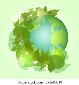 Vector illustration Earth planet with leaves. Vector element for your design