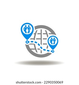 Vector illustration of earth planet and location place pin marker and family. Symbol of migration. Icon of travel. Sign of resettlement, relocation.